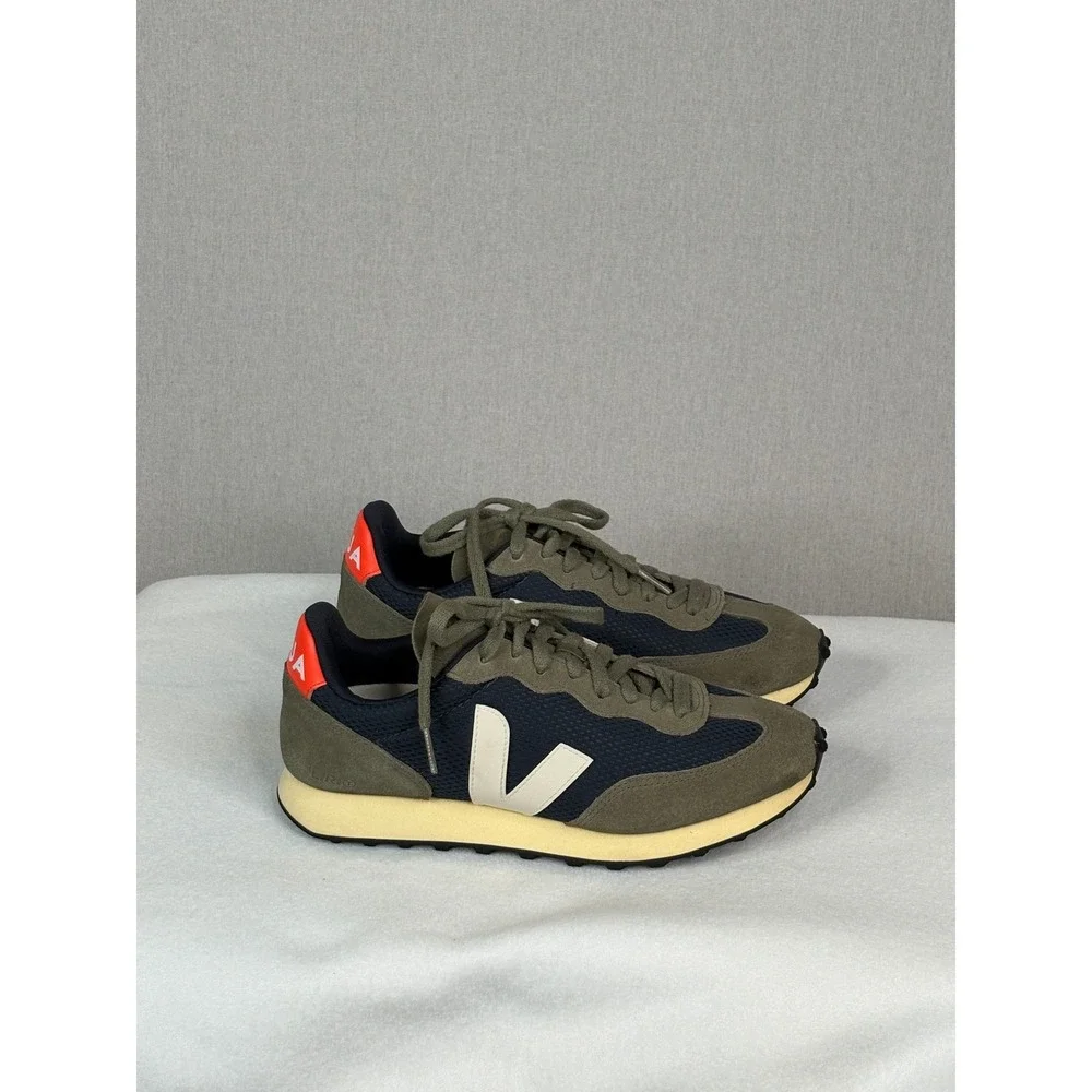 Veja Rio Branco Sneakers Womens 8 Khaki Navy Orange Retro Mesh Suede Runner